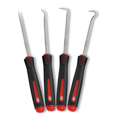 4-Piece Mechanic Pick Set With Soft Grip Handles for O Rings, Oil Seals, Gaskets, Electronics, and Auto Repair, showing pick angles.