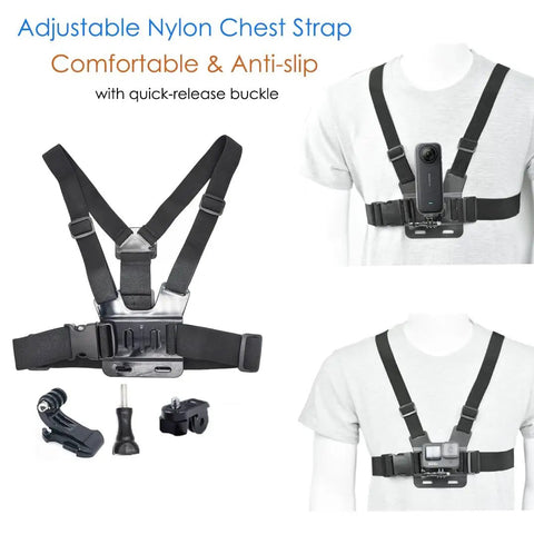 No Fuss All In One Mount Bundle with chest strap harness for Insta360 X5 X4 X3 Ace Pro Go3S GoPro Hero cameras, black nylon with buckle