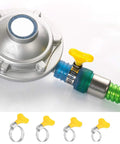 4 Pack Yellow Stainless Steel Hose Clamps With Adjustable Thumb Screw Key Style Worm Gear Design For Heavy Duty Plumbing And Auto Jobs Corrosion Resistant Leak Proof Grip Easy Install pictured installed on a hose over a valve.