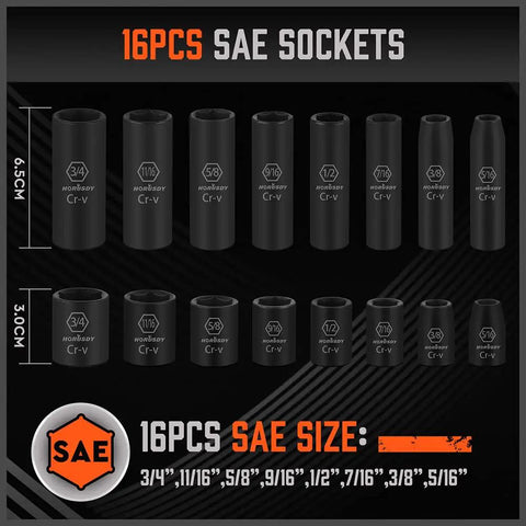 16-piece SAE sockets with visible sizes for Heavy Duty 50 Piece Three Eighth Inch Drive Impact Socket Set With SAE And Metric Sizes