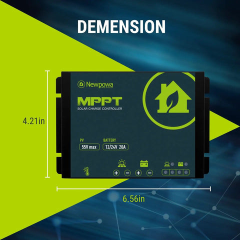 Front view of 20A MPPT Solar Charge Controller For 12V 24V Systems Off Grid Battery Management with dimensions shown on image