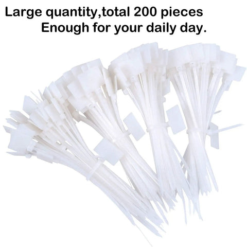 Slick Self Locking Nylon Cable Marker Ties Featuring A Bulk Pack Of 200 White Write On Wire Labels For Ethernet Cords And Power Lines That Stay Tight And Keep Your Rig Looking Sharp No Sweat Today; 200 white nylon cable ties with label tabs.
