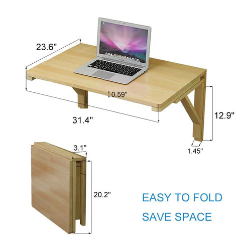 Fold Away Wall Table In Natural Wood, 31.4 By 23.6 Inches with laptop on top, space-saving countertop for laundry, kitchen, or workshop.