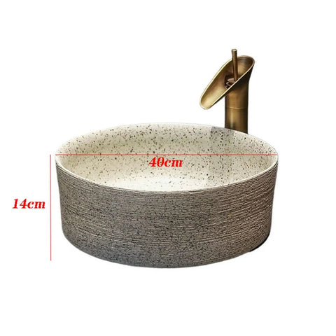 Retro Ceramic Vessel Sink Countertop Basin for Bathroom, Round Art Wash Basin with Drain and Faucet, Easy Clean Glaze Finish for Home Hotel Patio Decor 40cm, showing dimensions and elegant design.