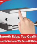 Hand touching smooth edge of Adhesive Toilet Paper Holder With Shelf In SUS304 Stainless Steel Mega Roll Dispenser No Drill Needed Or Wall Mounted With Screws Easy 3M Adhesive Pad Install Rust Resistant Bathroom Organizer.