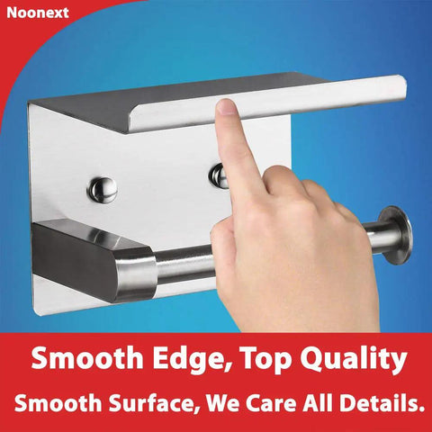 Hand touching smooth edge of Adhesive Toilet Paper Holder With Shelf In SUS304 Stainless Steel Mega Roll Dispenser No Drill Needed Or Wall Mounted With Screws Easy 3M Adhesive Pad Install Rust Resistant Bathroom Organizer.