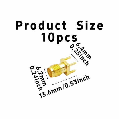 10 Piece SMA Female PCB Mount Connector Set, 50 Ohm RF Brass Edge Solder Mount for PCB Boards, dimensions labeled in image