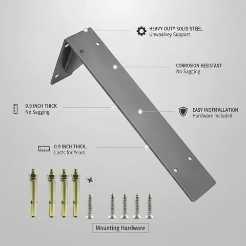 Heavy Duty Steel Shelf Bracket For Floating Shelves And Wall Mounted Desks, with mounting hardware, 0.9 inch thick steel.