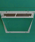 Slick Hidden Ceiling Access Panel, Smooth Flush Mount Drywall Inspection Hatch, 16 by 16 inch aluminum service door, top view.