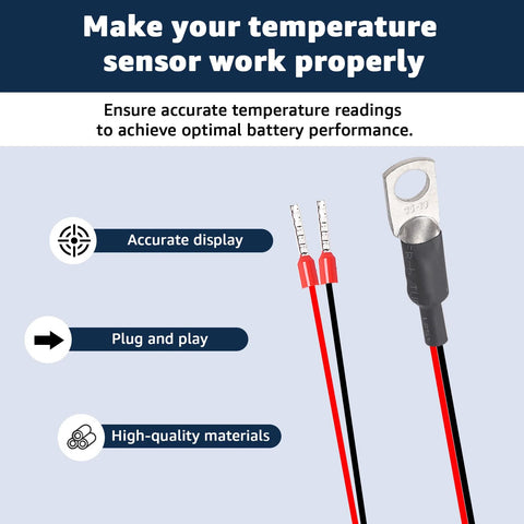 Temperature sensor lead for Victron Energy; two-conductor red/black wires with crimp terminals and ring lug