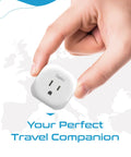 Hand holding South Africa Travel Adapter With 5 In 1 Input And QC 3.1A Dual USB And USB C, Ultra Compact And Lightweight, White