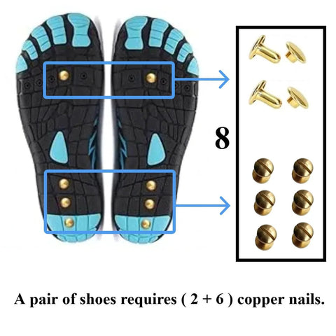 Copper grounding rivets for barefoot shoes; 24 pieces for 3 pairs, installed on shoe soles.