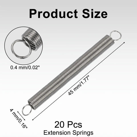 20 Pack Stainless Steel Extension Springs That Hold Tight Like Gnarly Grip, 45mm length, 0.4mm wire for reliable tension.
