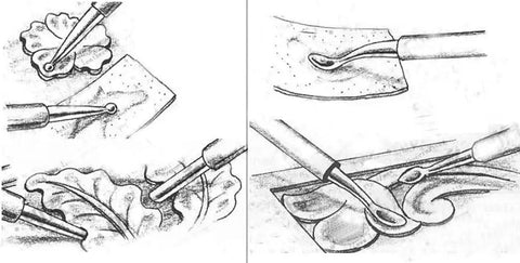 Illustration of tool usage from 20 Piece Leather Carving And Stamping Tools Set For DIY Saddle Making With Swivel Hammer And Dual Tipped Pens