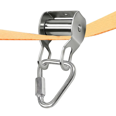 Smooth glide pulley from Outdoor Zip Line Conversion Kit With Smooth Glide Pulley System For Backyard Fun, attached to slackline