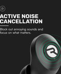Close-up of black earbud showing active noise cancellation feature, Everyday Classic Bluetooth Earbuds With Mic And Active Noise Cancellation For Immersive Sound On The Go Sweat And Water Resistant All Day Battery Up To 32 Hours Of Playtime Comfortable Wireless Earbuds In Black.