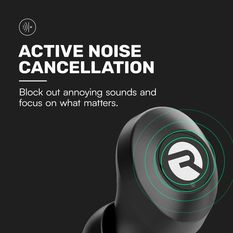 Close-up of black earbud showing active noise cancellation feature, Everyday Classic Bluetooth Earbuds With Mic And Active Noise Cancellation For Immersive Sound On The Go Sweat And Water Resistant All Day Battery Up To 32 Hours Of Playtime Comfortable Wireless Earbuds In Black.
