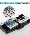 Four Way MIDI Fused Distribution Block For Car Audio And Marine Systems, 12V Wiring, Supports Two Inputs And Four Outputs, Ground Connection, 0 To 4 Gauge Capacity, Includes Mini ANL Fuse Mount For Safe Organized Power. Black fuse block with red indicator light