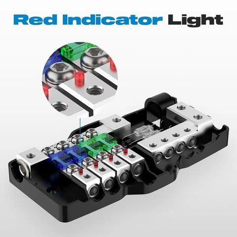 Four Way MIDI Fused Distribution Block For Car Audio And Marine Systems, 12V Wiring, Supports Two Inputs And Four Outputs, Ground Connection, 0 To 4 Gauge Capacity, Includes Mini ANL Fuse Mount For Safe Organized Power. Black fuse block with red indicator light