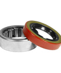 Two-piece rear axle bearing and seal kit; silver bearing and red seal with black inner lip.
