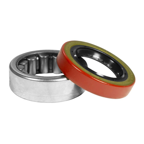Two-piece rear axle bearing and seal kit; silver bearing and red seal with black inner lip.