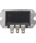 Front view of Go To Voltage Regulator Rectifier Replacement For 8-25HP Lawn Tractors With 15 Amp Alternators, metal housing, 3 terminals
