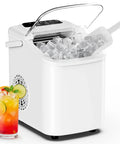Score Big On Fresh Ice Every Day With This Compact Countertop Machine featuring white design, ice scoop, and refreshing drink.