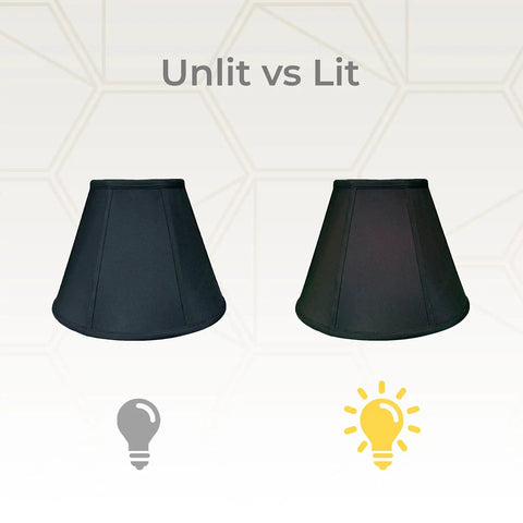 Deep Empire Basic Lamp Shade 6x12x9.25 Black With Gold Dope Look, 2-Pack, unlit and lit comparing view