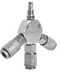 Three Way Air Hose Manifold Quick Coupler Connector Adapter Splitter For Pneumatic Tools One Quarter Inch Female NPT Fast Connect Easy Remove Durable Metal Build For Long Life