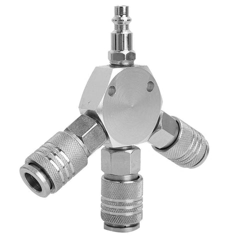 Three Way Air Hose Manifold Quick Coupler Connector Adapter Splitter For Pneumatic Tools One Quarter Inch Female NPT Fast Connect Easy Remove Durable Metal Build For Long Life