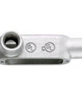 Pro Grade 4 Inch Form 5 LL Conduit Body Crafted From Heavy Gauge Malleable Iron With Hot Dipped Galvanized Coating side view showing threaded entry for electrical wire routing.