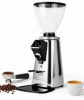 Robust Commercial Espresso Grinder Featuring 64mm Stainless Steel Flat Burrs, Automatic Timed Dosing, High Contrast Digital Display, And Solid Metal Housing For Consistent And Dope Coffee Grinds with coffee cup and beans
