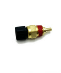 Engine coolant temperature sensor, side view: brass body, red threaded seal, black plastic connector