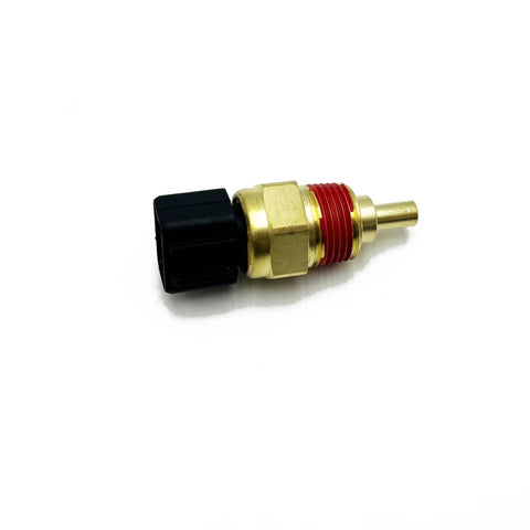 Engine coolant temperature sensor, side view: brass body, red threaded seal, black plastic connector