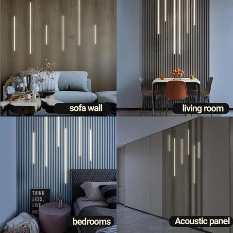 Wood Slat Wall Panel LED Recessed Lighting Kit With 6 Pcs DC12V Adhesive Acoustic Panel Lights installed in various room settings