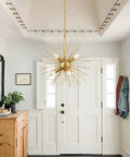 Gold Sputnik Chandelier With Six Lights, vintage geometric pendant fixture in farmhouse style entryway, 18 inch starburst design