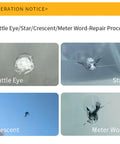 Images of windshield chip types: Cattle Eye, Star, Crescent, and Meter Word, relating to All Vehicles Windshield Chip And Crack Repair Kit For Cars And Trucks Auto Glass Repair Set Rainproof Glass Restorer Tool Budget Friendly Easy To Use Fits Any Vehicle And Weatherproof Protection.