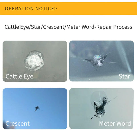 Images of windshield chip types: Cattle Eye, Star, Crescent, and Meter Word, relating to All Vehicles Windshield Chip And Crack Repair Kit For Cars And Trucks Auto Glass Repair Set Rainproof Glass Restorer Tool Budget Friendly Easy To Use Fits Any Vehicle And Weatherproof Protection.