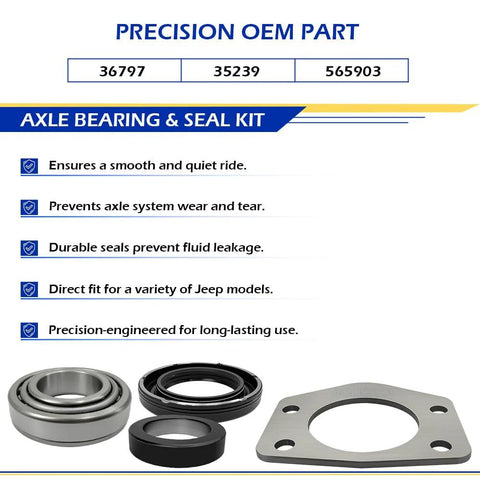 Beefed-Up Axle Bearing And Seal Kit With Drum Brake Setup For Jeep Wagoneer Wrangler CJ TJ XJ J10 Dana 44 Rear 1997-2006 Replacement OEM 36797 565903 35239, showing bearings and seals