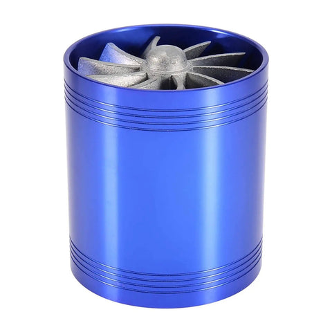 Dual Turbine Air Intake System For Most Vehicles, Turbocharged Airflow Boost Kit, blue cylindrical unit with turbine blades