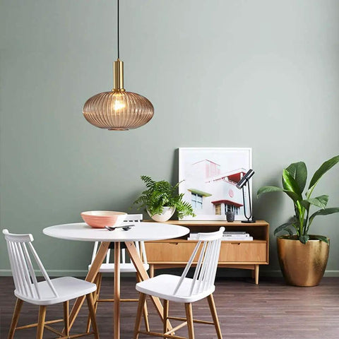 Lit Modern Pendant Light For Kitchen Island With Striped Amber Glass And Gold Socket Farmhouse Style Ceiling Fixture Over Dining Table