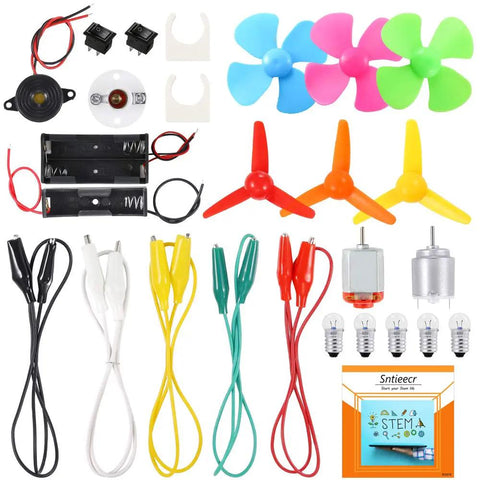 Totally Hands On Electric Circuit Kit For Kids Diy STEM Learning Set with motors, bulbs, switches, propellers, clips, battery holder.