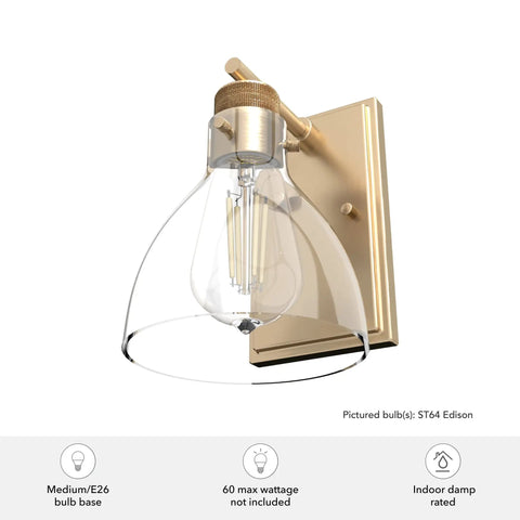 Alturas Gold 1 Light Sconce In A Medium Size Dimmable Wall Light With Transitional Style For Bedrooms Kitchens Foyers And Bathrooms Dope Glow Accent Fixture With Clear Glass Shade And Durable Steel Construction, showing side view with an ST64 Edison bulb.
