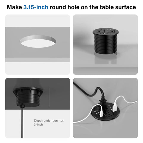 Sleek 3.15 Inch Desktop Power Grommet Featuring Two AC Outlets And Eight Fast Charge USB Ports mounted in a 3.15-inch hole.