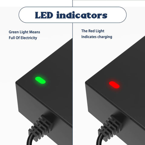 Universal 42V 36V Charger for 36V Li Ion Battery Packs with LED indicator lights for charging status.
