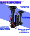 Wiring instructions for Heavy Duty 12V Dual Trumpet Air Horn Kit With Compressor Pump displaying trumpet and compressor setup.