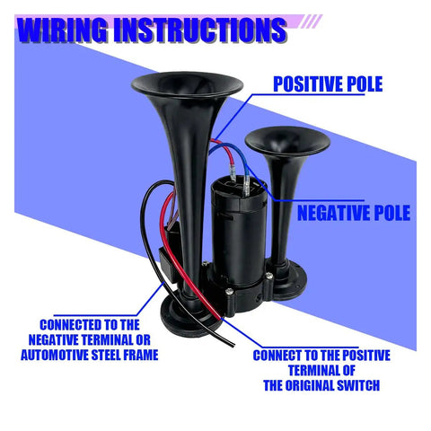 Wiring instructions for Heavy Duty 12V Dual Trumpet Air Horn Kit With Compressor Pump displaying trumpet and compressor setup.