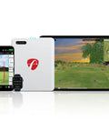 Mevo Gen2 Portable Golf Launch Monitor And Simulator With 18 Swing Data Parameters Front Facing Camera next to tablets