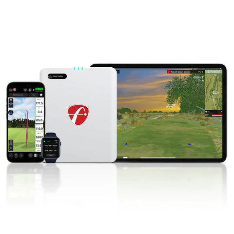 Mevo Gen2 Portable Golf Launch Monitor And Simulator With 18 Swing Data Parameters Front Facing Camera next to tablets