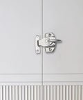 Heavy Duty Iron Table Latches And Door Hasps Two Pack Secure Connectors for dining tables and cabinets, silver hardware on cabinet door.